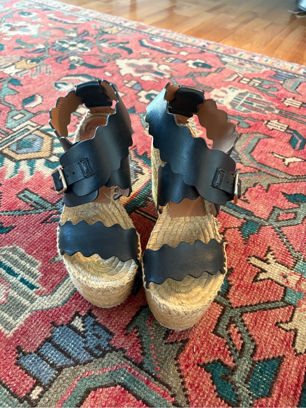 Chloé Lauren Black Scalloped Espadrille Wedge Sandals - Women
